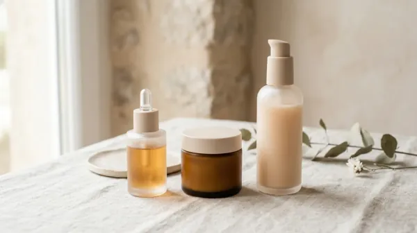 A glass dropper bottle of amber serum, a brown glass jar and a frosted pump bottle on a linen tablecloth beside a sprig of eucalyptus