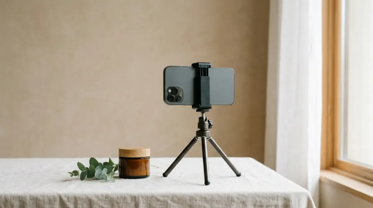 A smartphone held in a small tripod on a linen-covered table, facing a plain beige wall, beside an amber jar and a sprig of eucalyptus