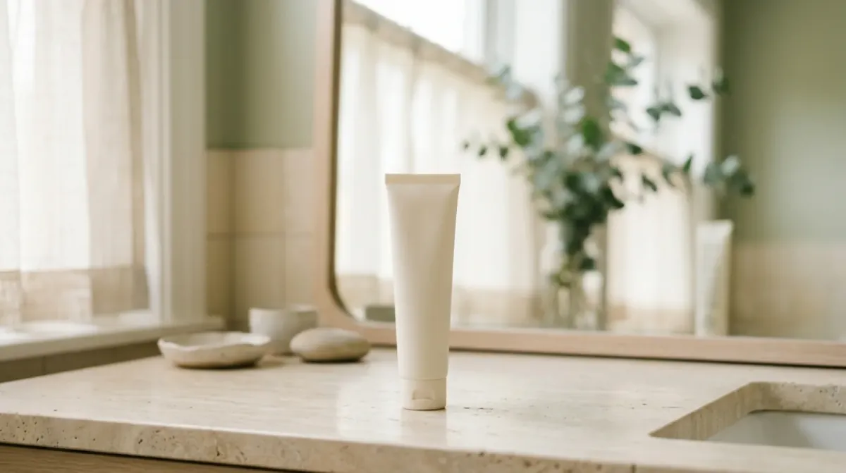 A single cream-colored tube standing on a pale stone bathroom counter in front of a mirror, with a small dish and a smooth stone beside it
