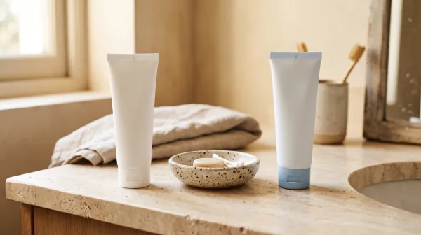 A plain white tube and a second tube with a pale blue cap standing apart on a bathroom counter with a small dish between them