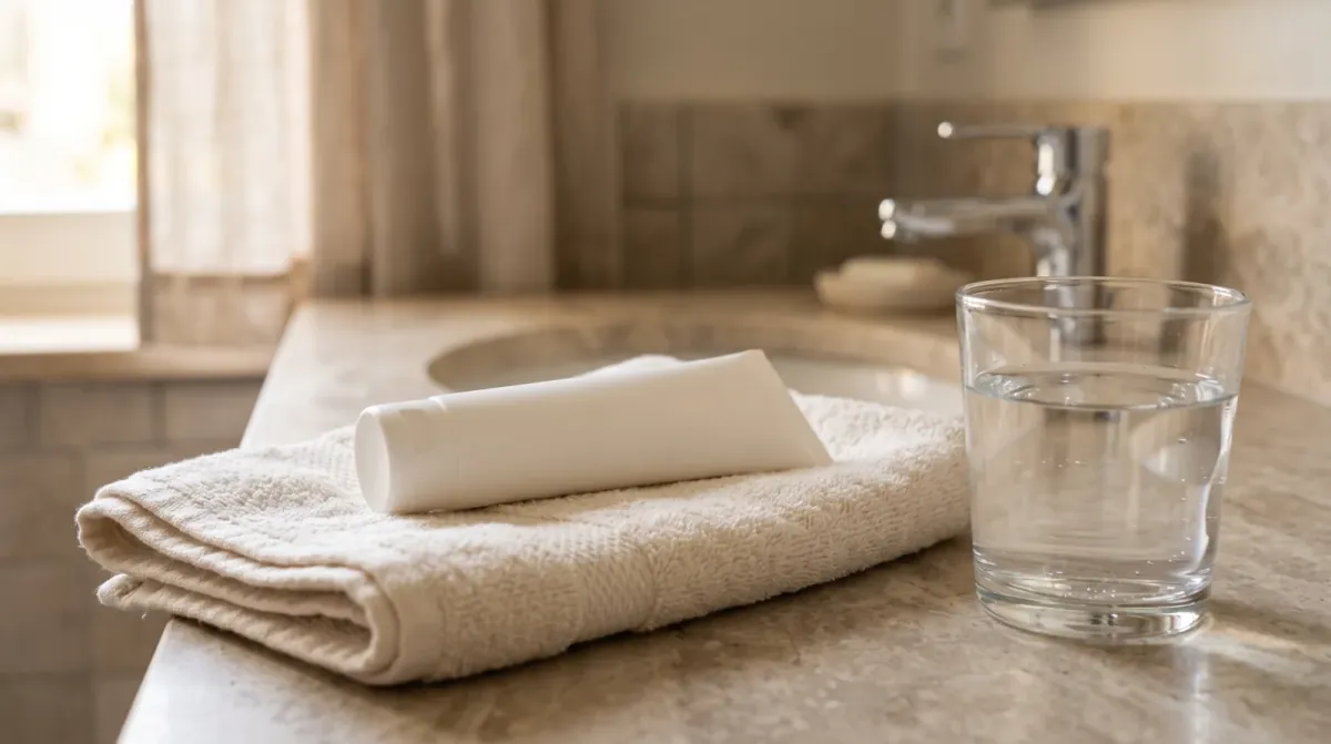 A white tube resting on a folded cream hand towel beside a glass of water on a stone bathroom counter, with a tap and basin behind