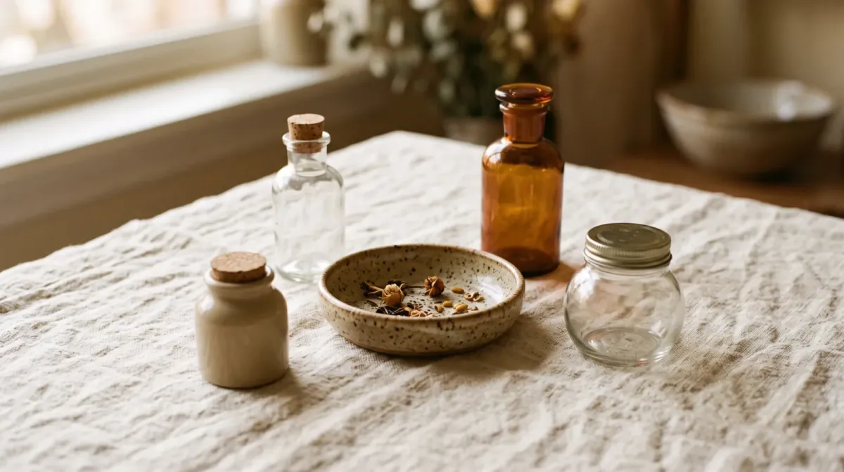 A speckled ceramic dish of dried seeds and flower buds surrounded by a corked clear bottle, a corked cream jar, an amber glass bottle and a small glass jar on linen