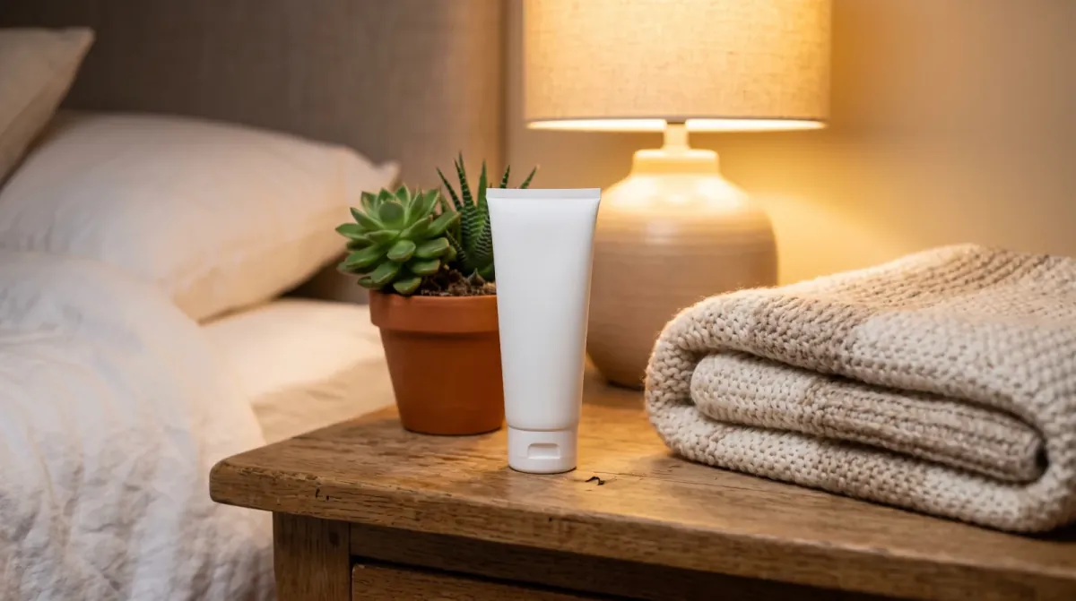 A plain white cream tube on a wooden nightstand beside a small potted succulent and a folded knit blanket under lamp light