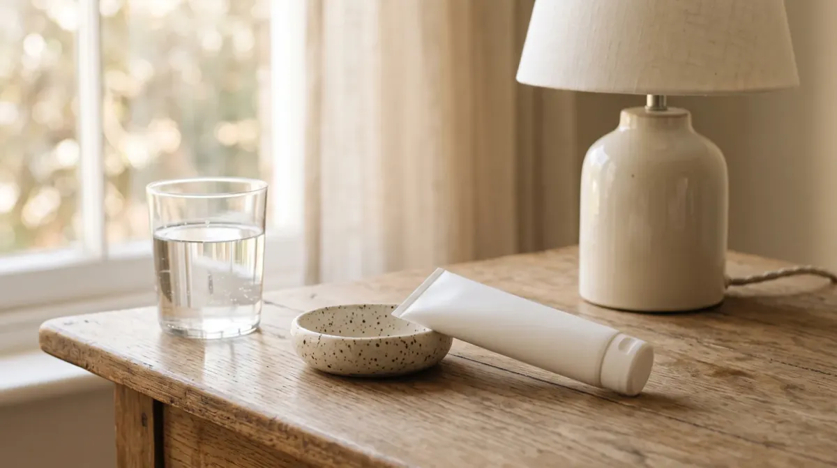 A white tube resting against a small speckled ceramic dish beside a glass of water and a cream table lamp on a wooden desk by a window