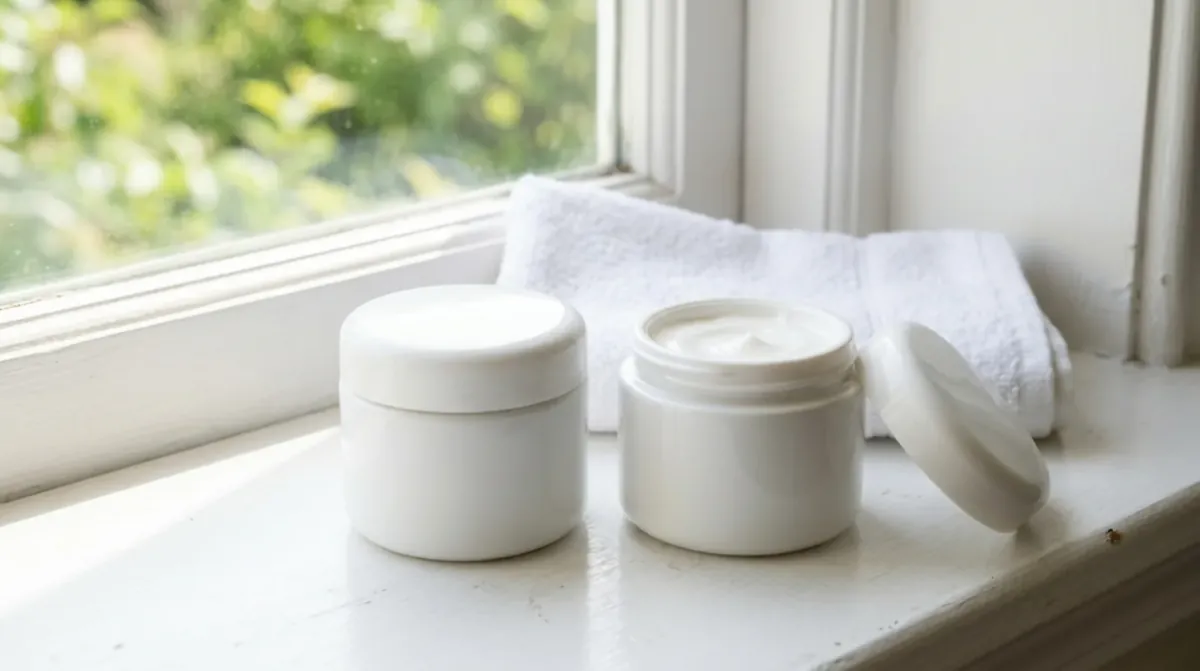 Two white cream jars on a sunlit white window sill, one closed and one open with its lid leaning against it, in front of a folded white towel