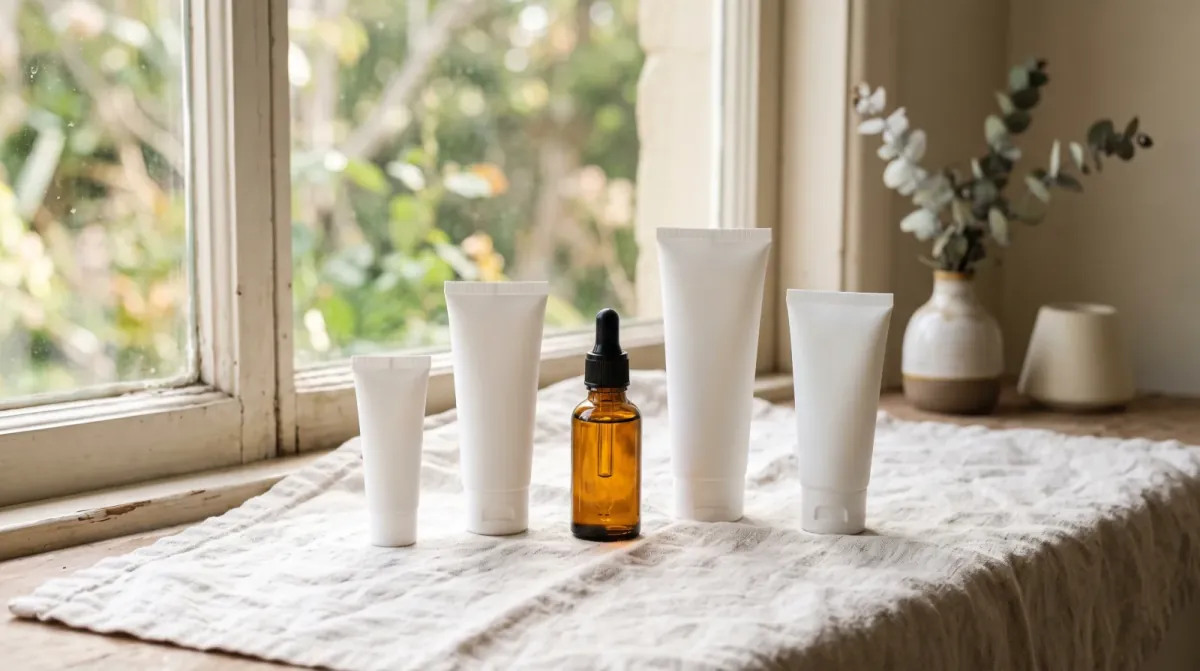 Four plain white tubes of different sizes and one amber dropper bottle standing in a row on a linen cloth on a sunny windowsill, with a vase of eucalyptus