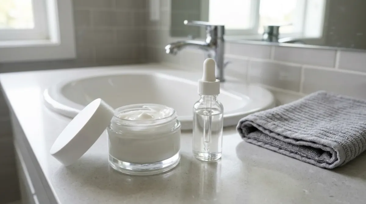 An open glass jar of white cream with its lid set aside, a clear dropper bottle and a folded grey towel on a white bathroom counter by a basin