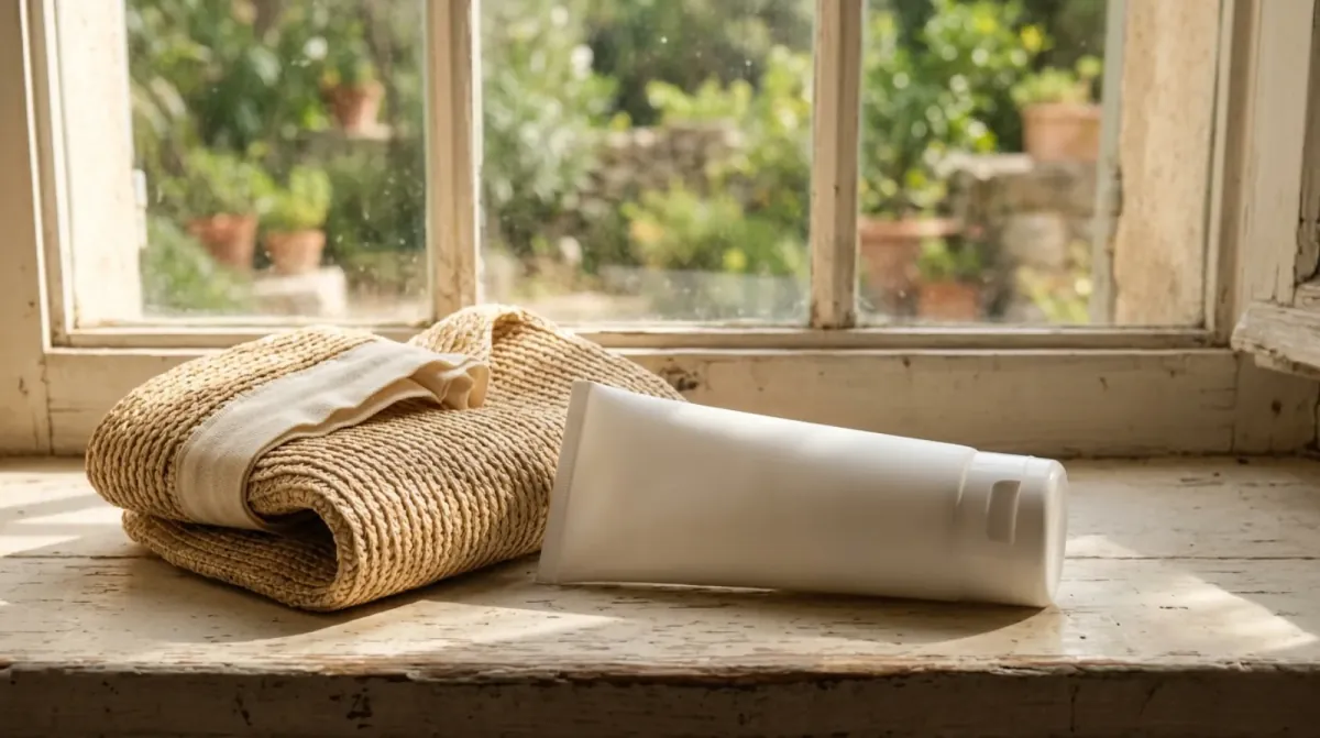 A white squeeze tube lying beside a folded woven straw cloth on a sunlit wooden window sill, with potted plants outside the glass