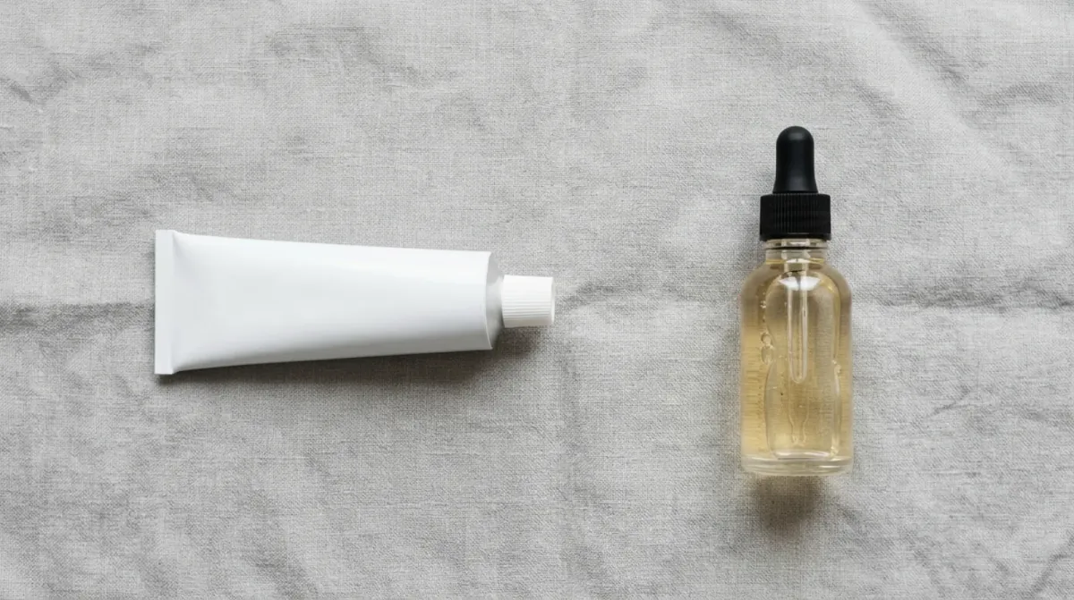 A plain white squeeze tube and a clear glass dropper bottle of pale golden liquid lying apart on a grey linen cloth