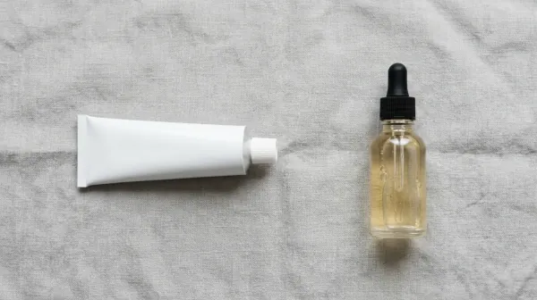 A plain white squeeze tube and a clear glass dropper bottle of pale golden liquid lying apart on a grey linen cloth