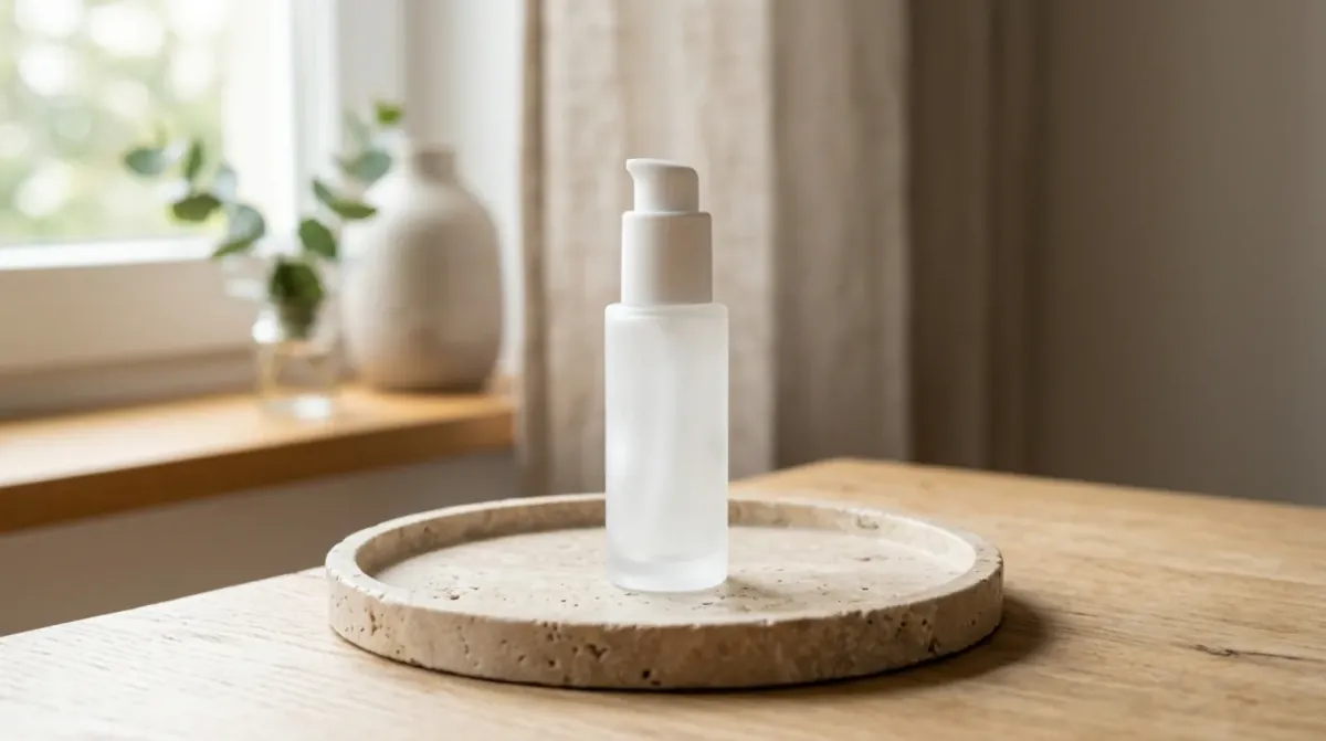 A frosted white glass bottle with a white pump standing on a round beige stone tray on a wooden shelf by a window