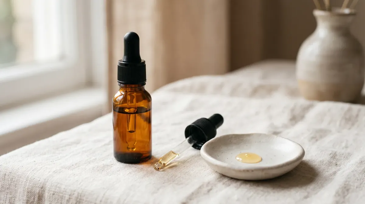A small amber glass dropper bottle beside its dropper and a ceramic dish holding one golden drop of oil on a linen cloth