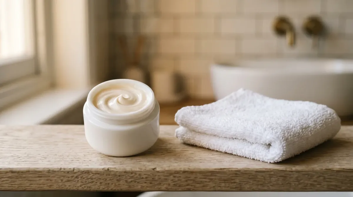 A small open white jar showing a smooth swirl of pale cream beside a folded white washcloth on a pale wooden shelf