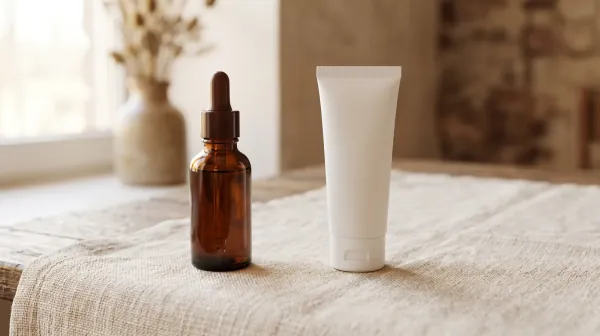 A small amber glass dropper bottle and a plain white gel tube standing side by side on a linen cloth
