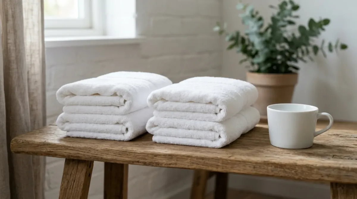 Two stacks of folded white towels side by side on a rustic wooden bench next to a white cup, with a potted plant and a linen curtain by a window