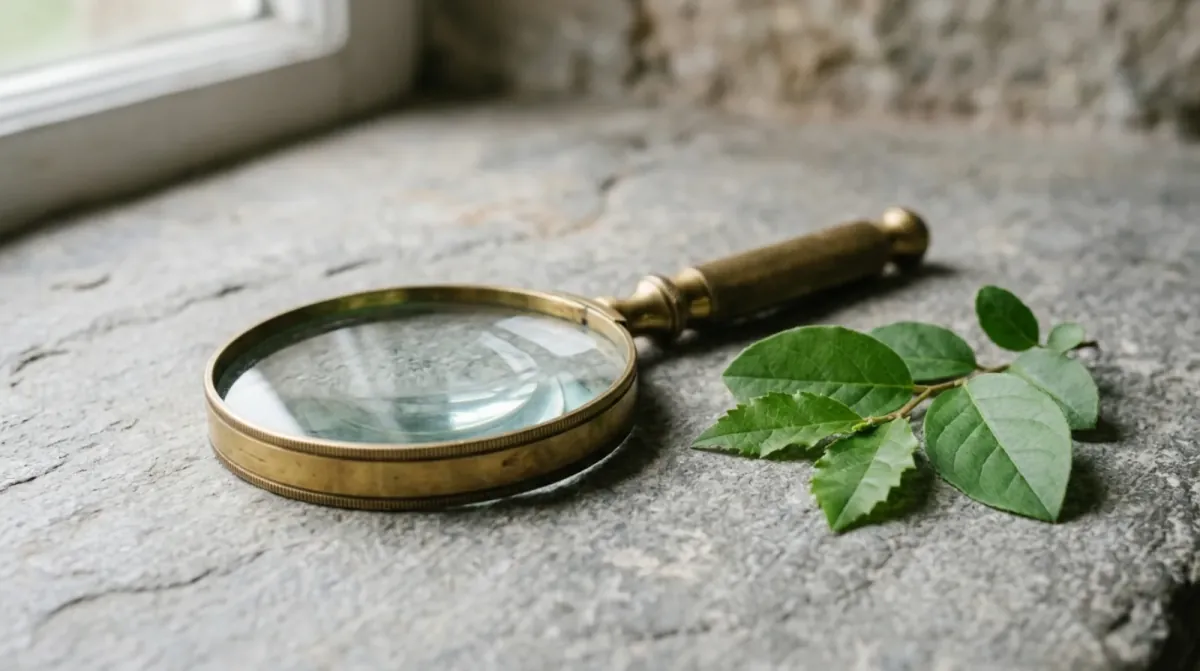 A brass magnifying glass lying on a rough grey stone surface beside a small sprig of green leaves