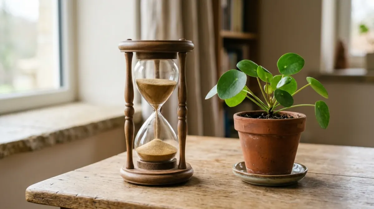 A wooden hourglass beside a small potted plant with round leaves on a wooden table near a window