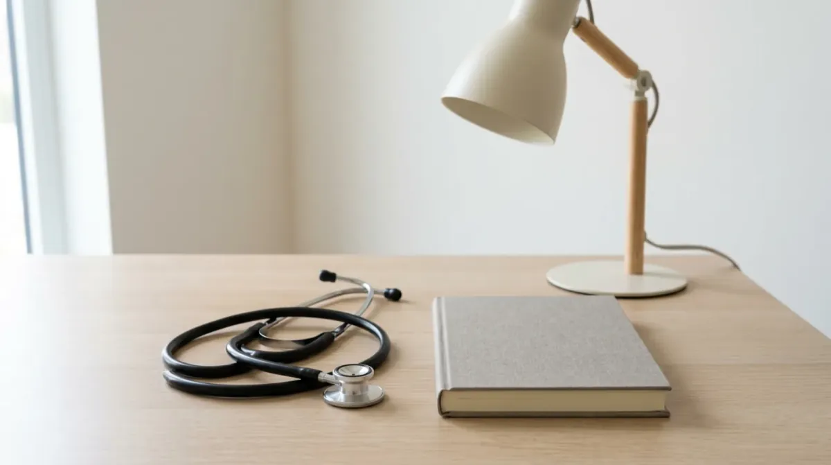 A stethoscope and a closed gray notebook on a light wooden desk under a white desk lamp