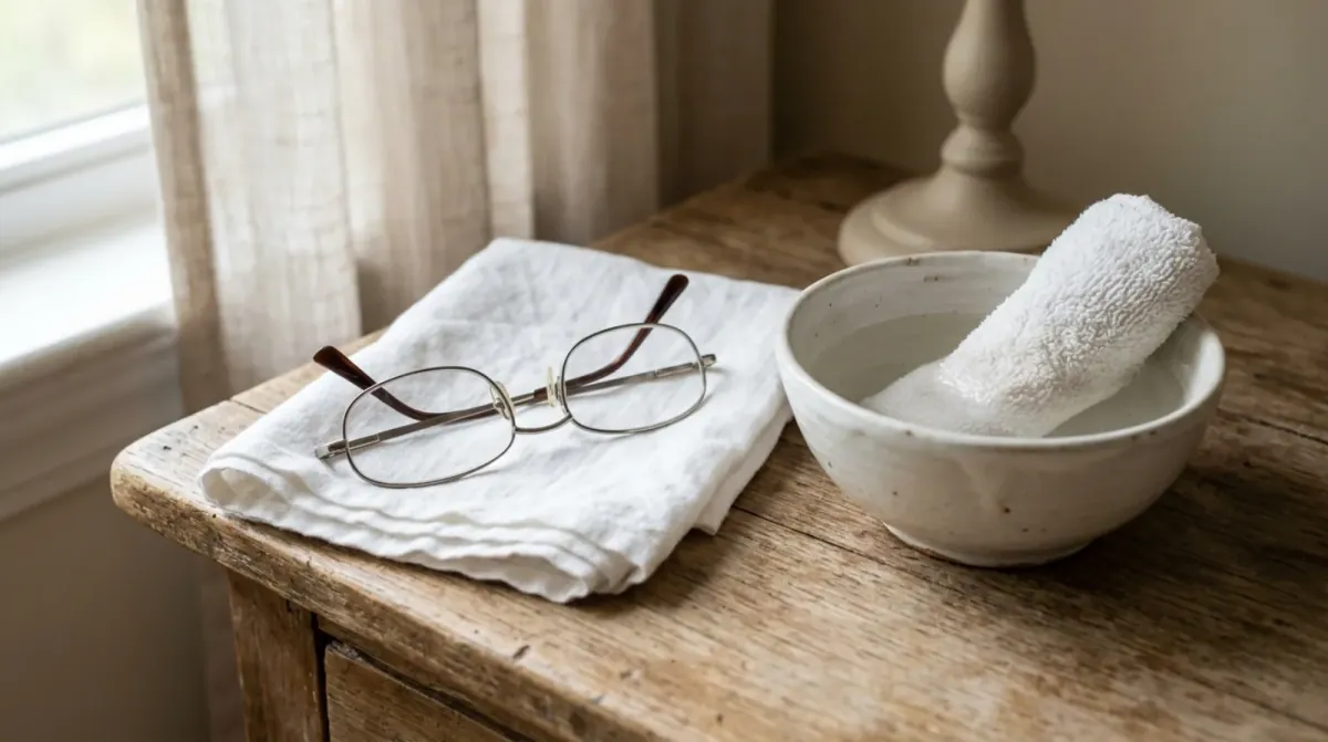 A pair of thin-framed reading glasses folded on a white towel beside a ceramic bowl holding a rolled washcloth, on a wooden table by a window
