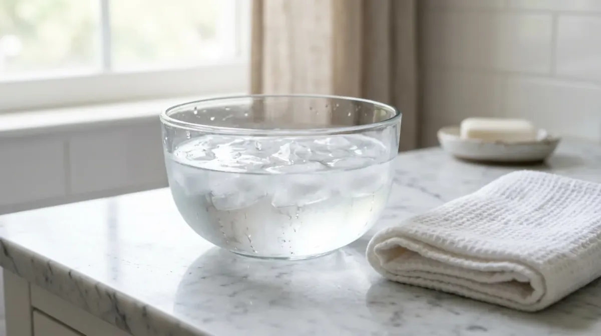 A clear glass bowl of cold water with ice cubes next to a folded white waffle washcloth on a white marble counter, with a bar of soap on a dish behind