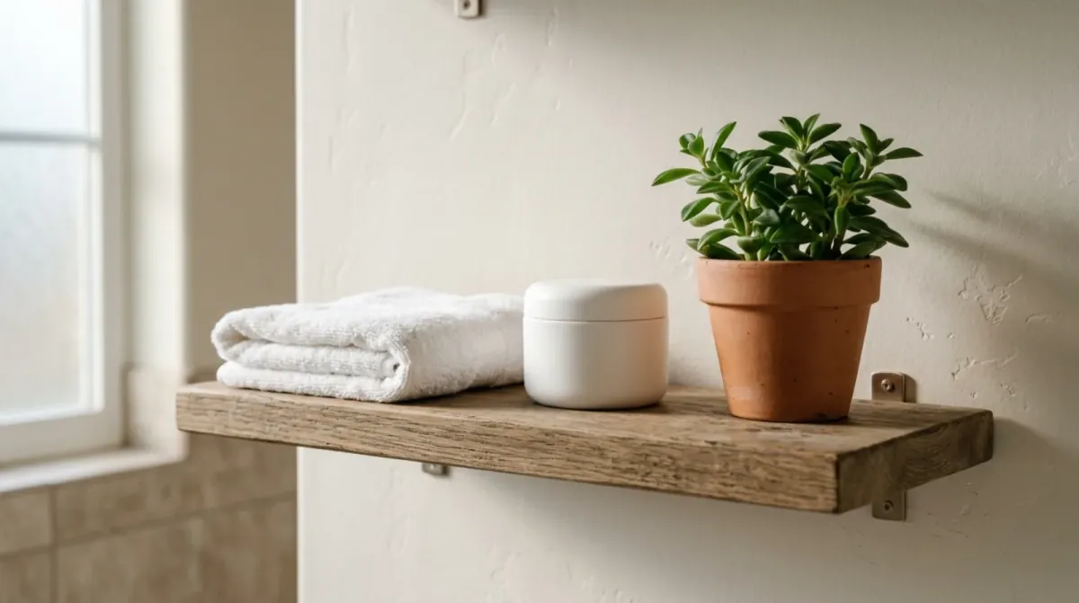 A folded white towel, a plain white jar with its lid on and a small potted plant in a terracotta pot on a rustic wooden wall shelf beside a frosted window