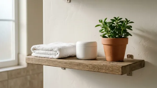 A folded white towel, a plain white jar with its lid on and a small potted plant in a terracotta pot on a rustic wooden wall shelf beside a frosted window
