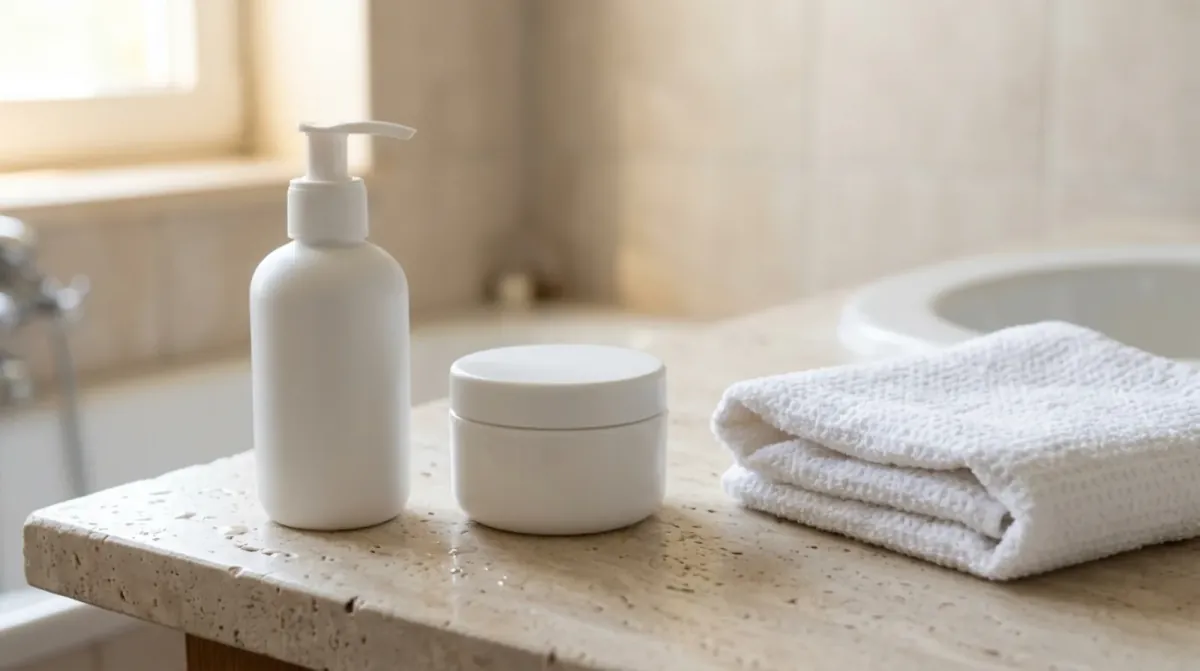 A white pump bottle, a white lidded jar and a folded white waffle towel on a pale stone counter beside a bathtub