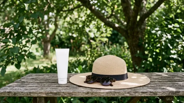 A wide-brim straw sun hat, a pair of sunglasses and a plain white tube on a wooden table in the shade of a tree