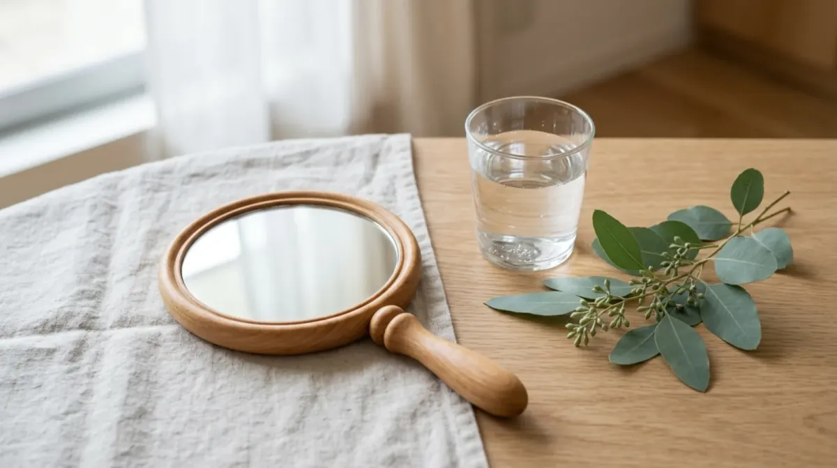 A round wooden hand mirror on a folded linen cloth beside a glass of water and a sprig of eucalyptus on a light wooden table