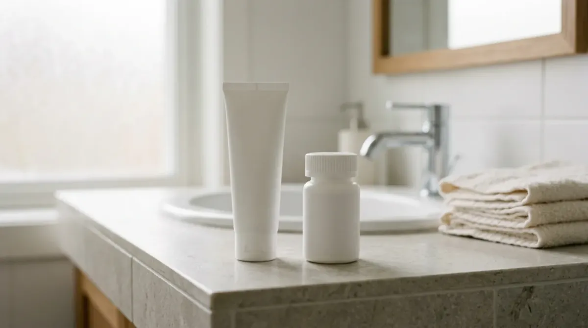 A white tube and a small white bottle standing on a stone bathroom counter beside folded towels and a sink
