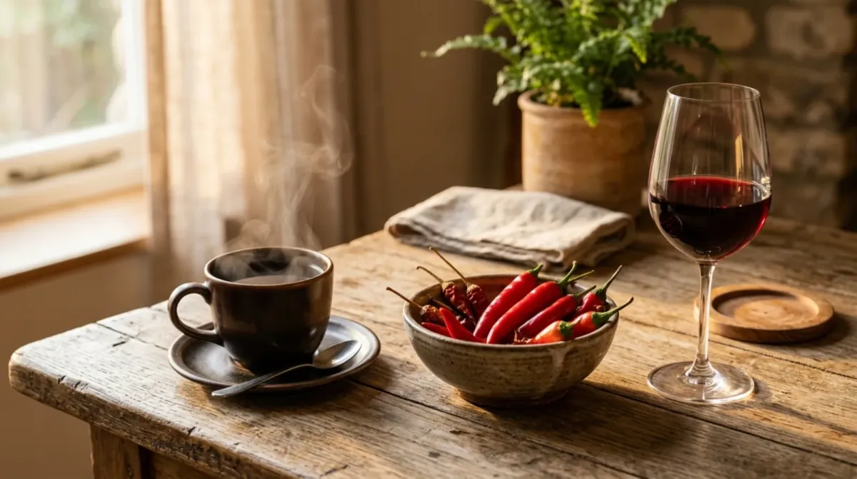 A cup of hot coffee, a small bowl of red chili peppers and a glass of red wine on a wooden table by a window