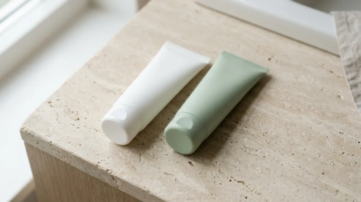 A white tube and a pale green tube lying side by side on a beige stone countertop near a window