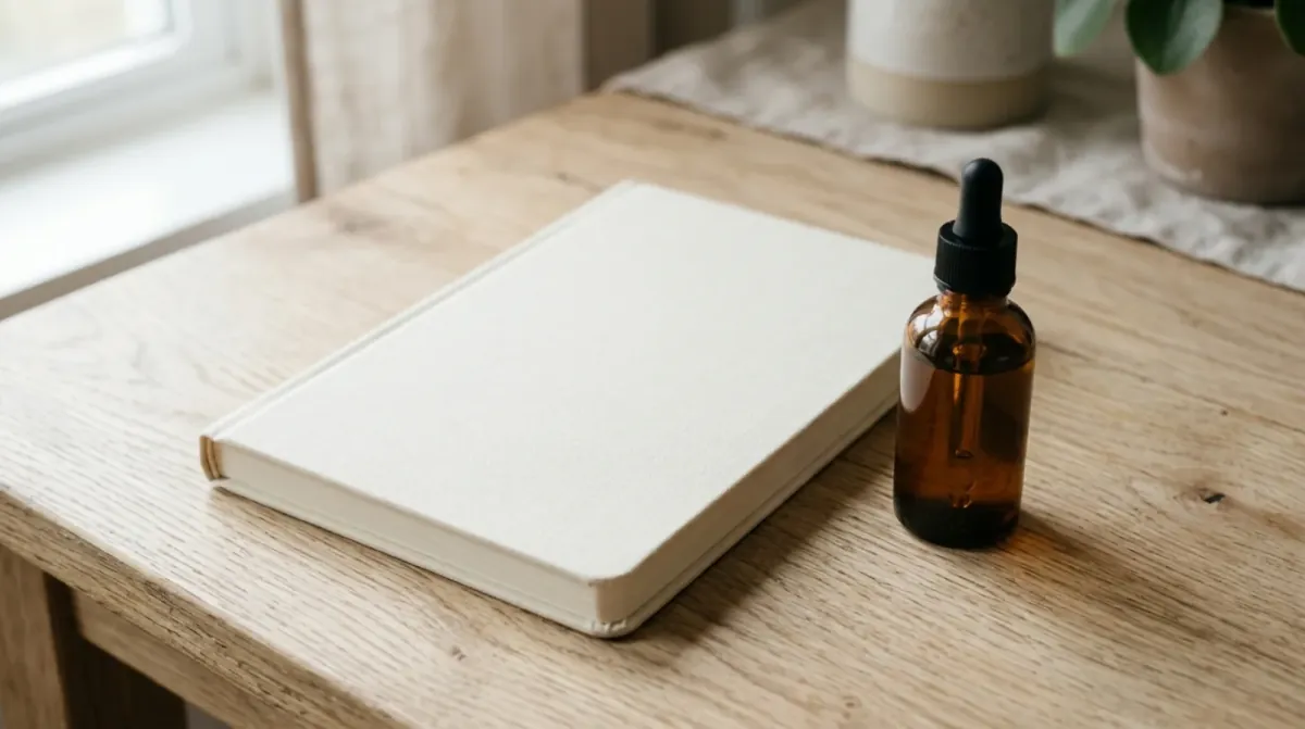 A closed cream-colored notebook beside an amber dropper bottle on a light oak table near a window