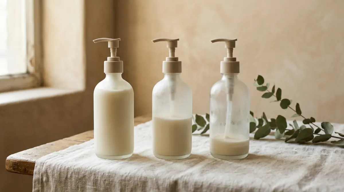 Three glass pump bottles, one full, one half full and one nearly empty of a creamy liquid, on a linen cloth by a window with a eucalyptus sprig