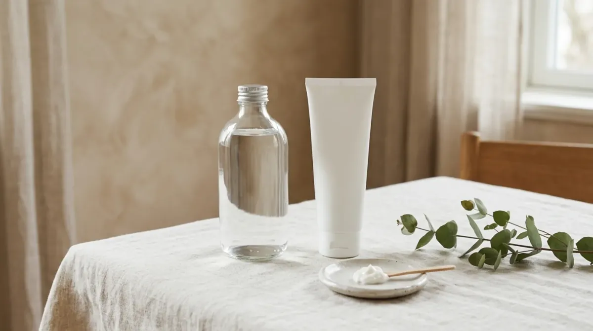 A clear glass bottle of liquid beside a plain white tube and a small dab of white cream on a ceramic dish