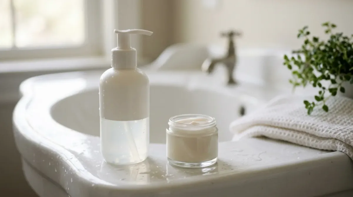 A white pump bottle of clear gel and a small glass jar of cream on the wet edge of a white sink, with a folded waffle towel and a green plant beside it