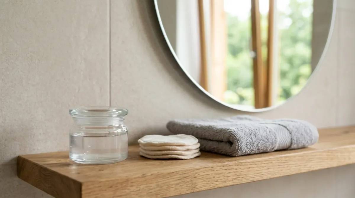 A round mirror above a wooden shelf holding an empty glass jar, a stack of cotton pads and a folded gray towel