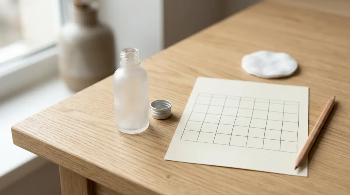 A blank paper calendar grid and a pencil on a light oak desk beside a frosted glass bottle, its metal cap and a cotton pad
