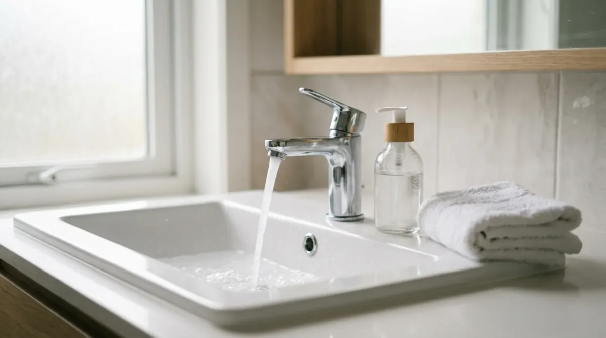 Water running from a chrome tap into a white basin, beside a clear pump bottle of cleanser and a folded white hand towel