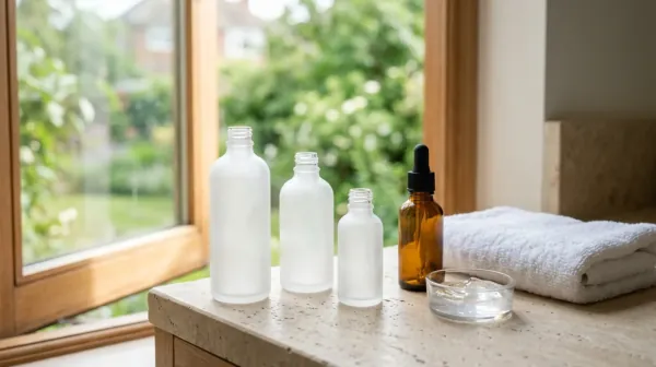 Three plain frosted glass bottles, an amber dropper bottle, a dish of clear gel and a folded white towel on a stone counter by a sunny window