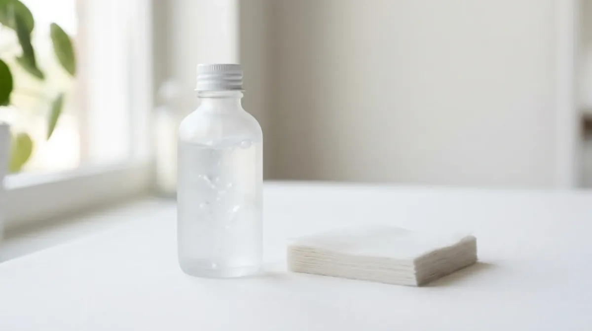 A frosted bottle of clear liquid beside a small stack of thin white sheets on a white table by a window