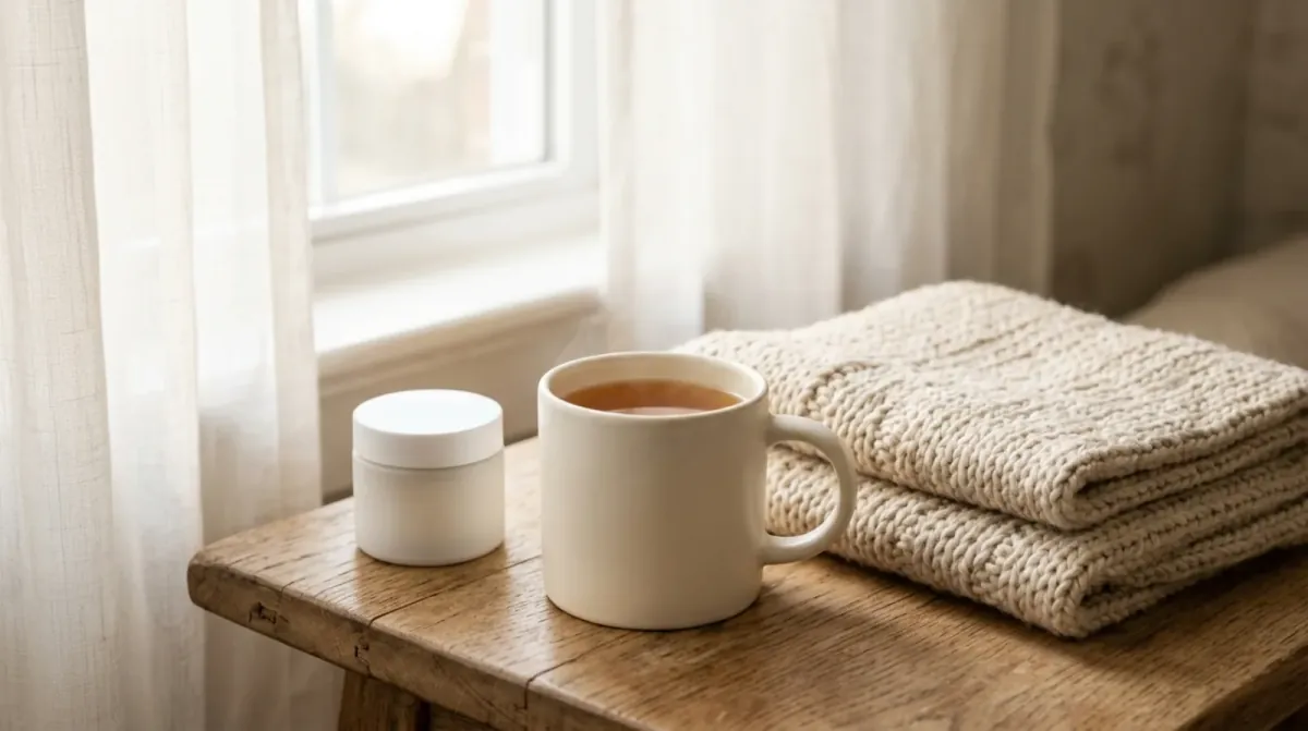 A cream mug of tea, a small white jar and a folded knit blanket on a wooden table by a window with sheer white curtains