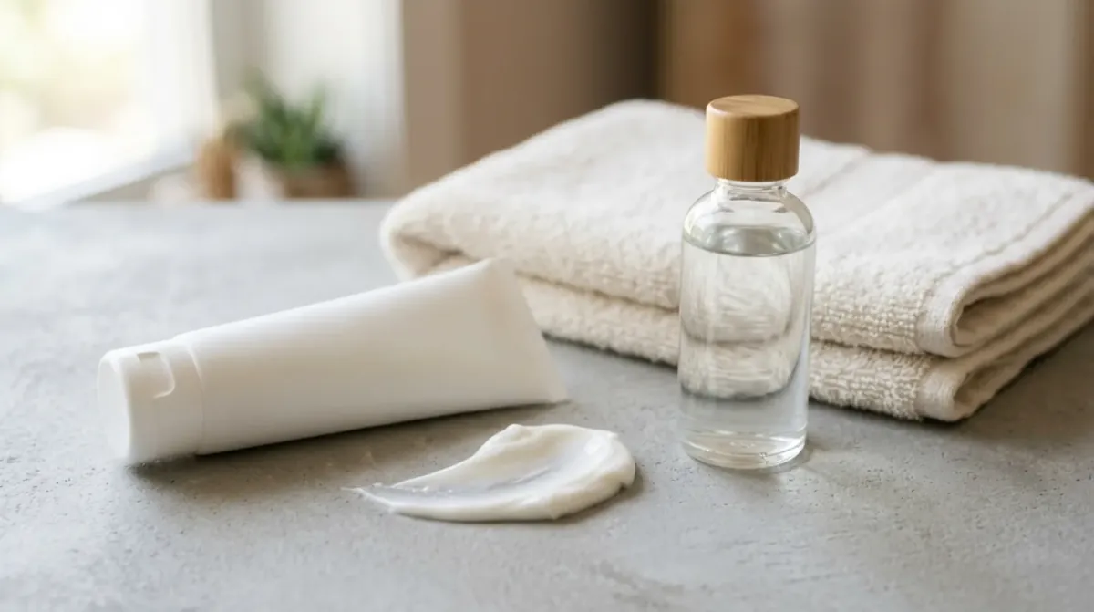 A plain white tube lying on a grey stone counter beside a smear of white cream, a small clear glass bottle with a wooden cap and a folded cream towel