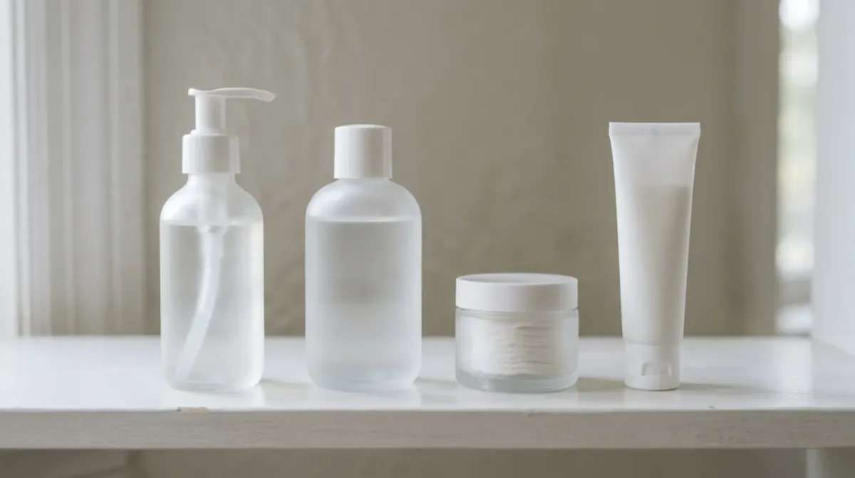 A frosted pump bottle, a frosted round bottle, a small frosted jar and a white squeeze tube lined up on a white shelf