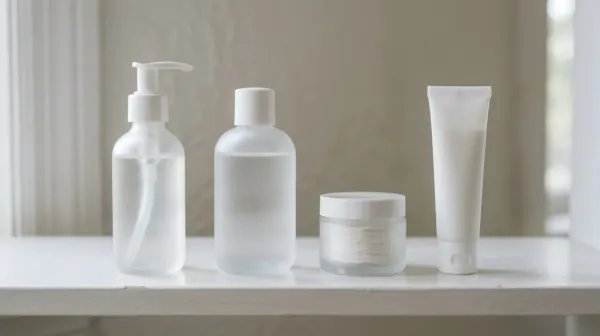 A frosted pump bottle, a frosted round bottle, a small frosted jar and a white squeeze tube lined up on a white shelf