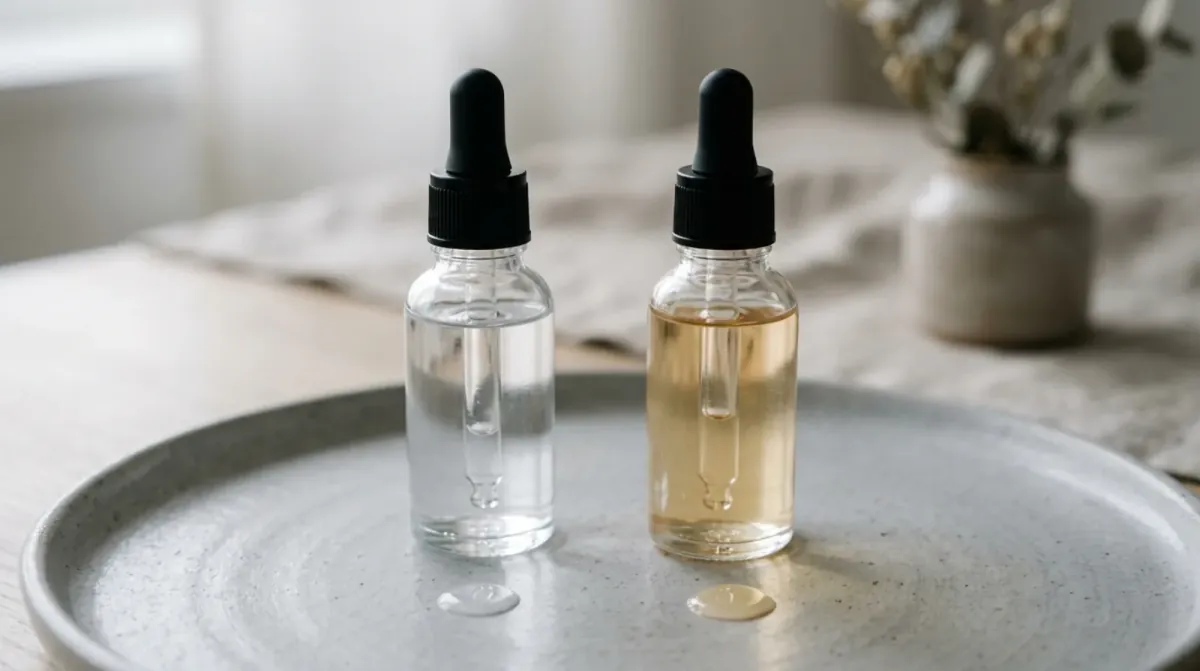 Two glass dropper bottles, one clear and one pale gold, each beside a small drop of its liquid on a round gray stone tray