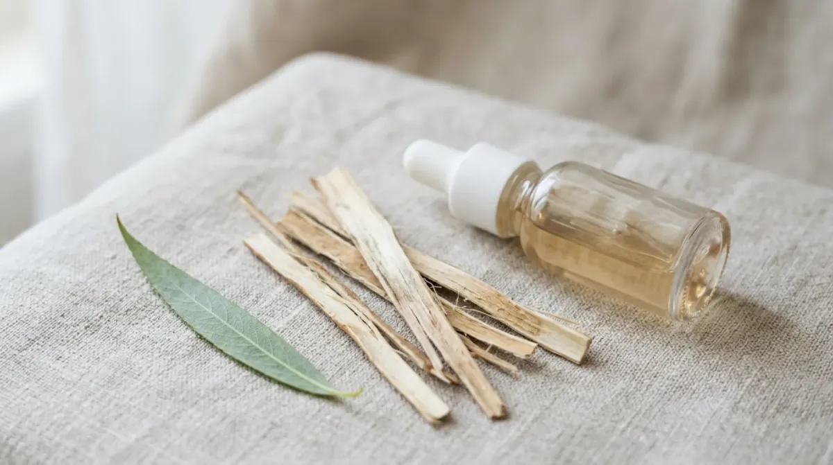 A plain amber glass dropper bottle and a folded white cotton pad on a light wooden surface