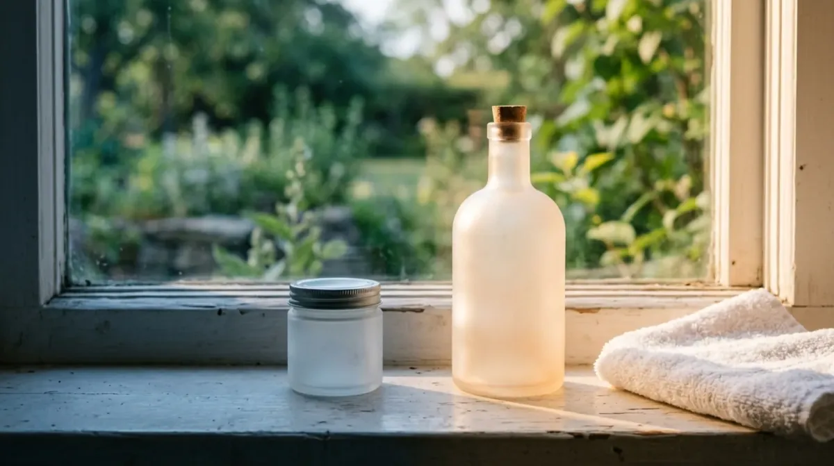 A frosted glass bottle with a cork stopper and a small frosted jar with a metal lid on a sunny windowsill beside a folded white towel, with a green garden outside