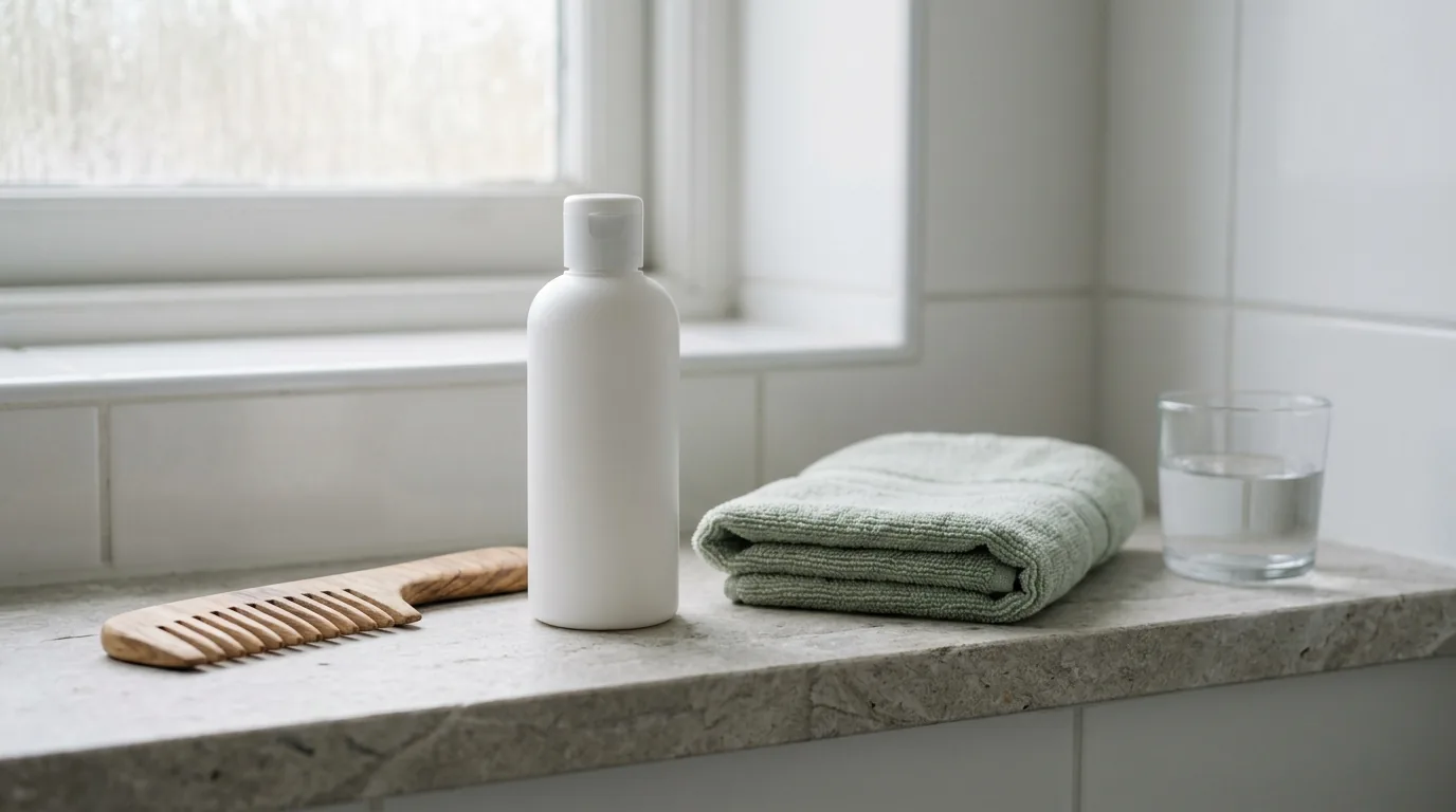 A wooden wide-tooth comb, a plain white shampoo bottle with no label, a folded sage green towel and a glass of water on a grey stone ledge by a bathroom window