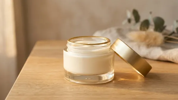 An open jar of moisturizer with its gold lid resting beside it